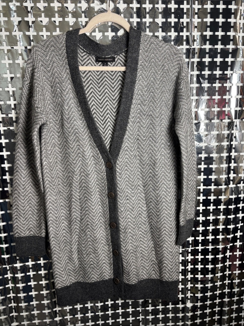 Banana Republic Gray Chevron Longline Cardigan with Dark Trim